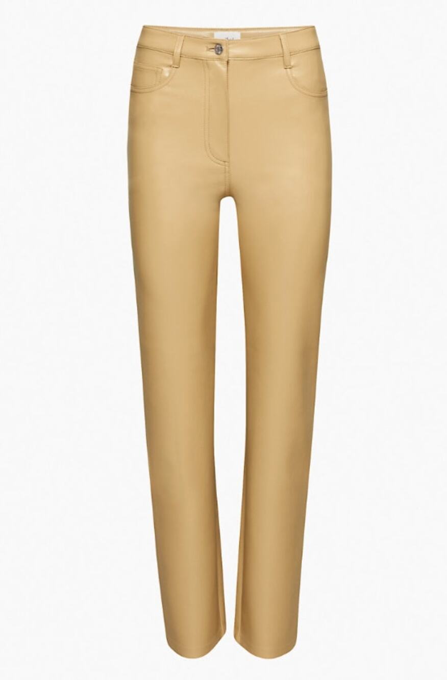 WILFRED Aritzia vegan leather beige tan 5 pocket slim straight leg pants